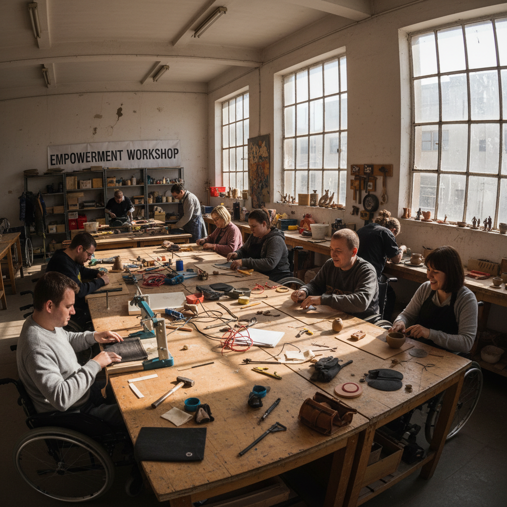 Persons with disabilities engaged in hands-on skills development training in a well-lit workshop with warm wooden tables and natural light