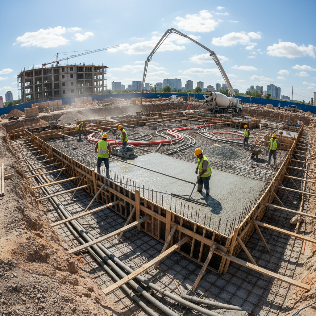 Construction workers pouring and finishing concrete foundation on a residential building site, bright daylight