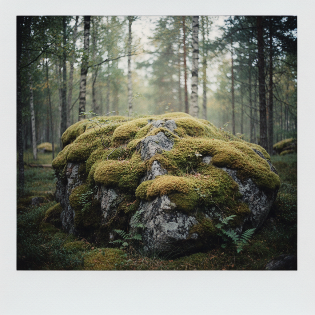 Moss-covered granite boulder in Nordic forest, Polaroid photograph