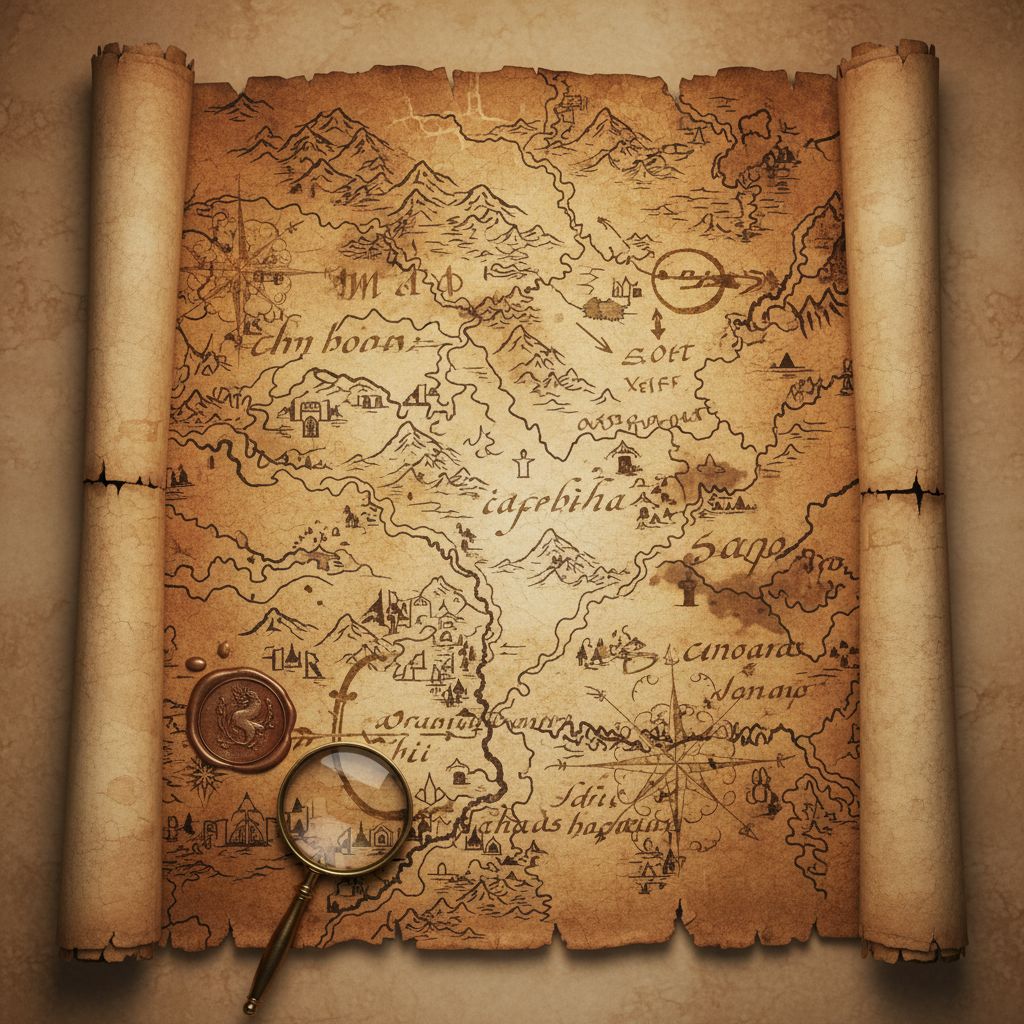 Mysterious map with faded ink lines and handwritten annotations on aged paper