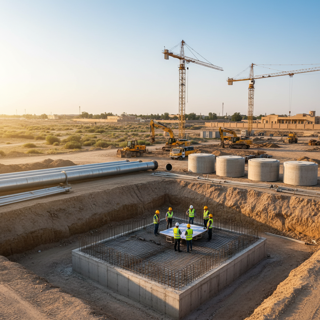 Nigerian engineers in hard hats and safety vests reviewing technical plans on a construction site