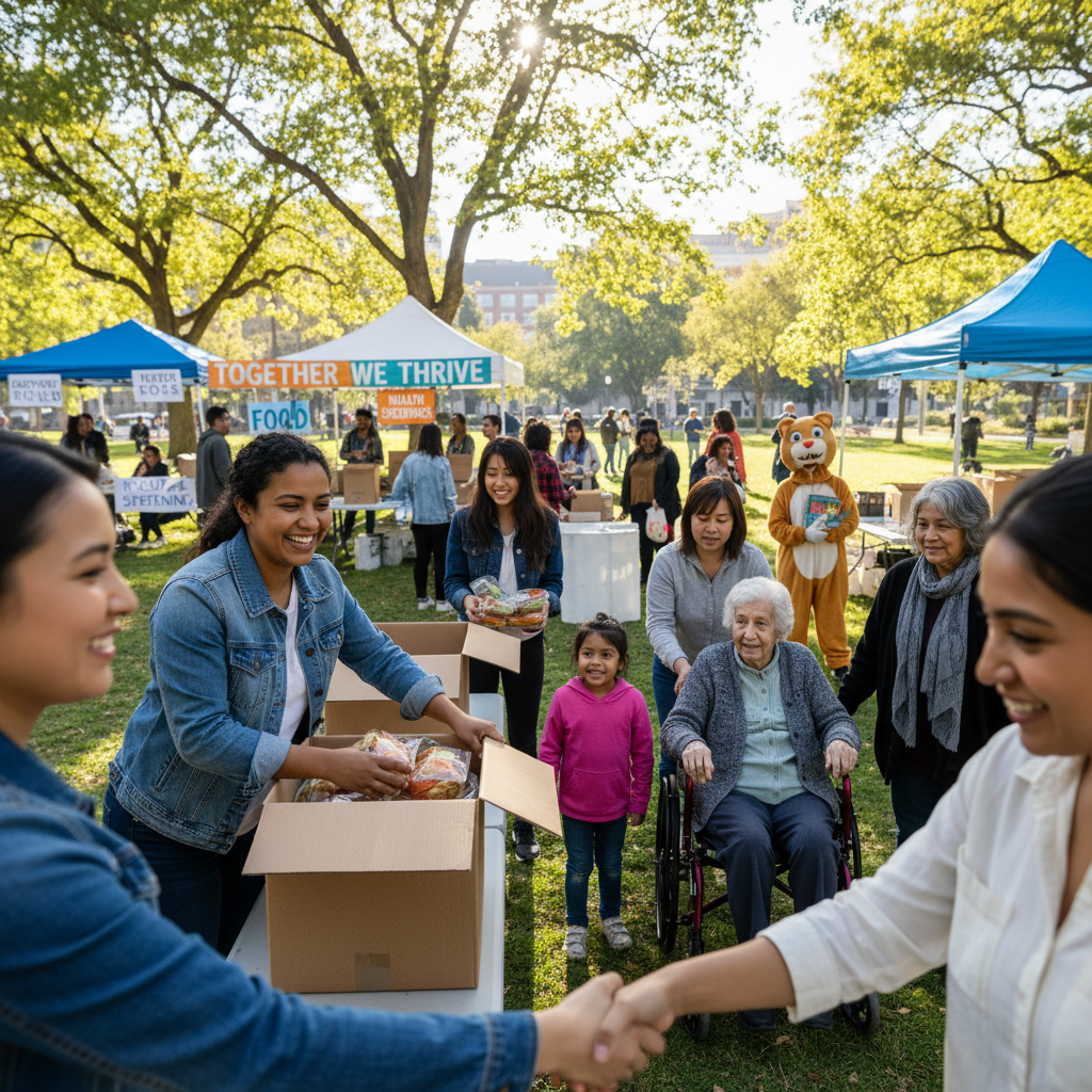 Volunteers distributing food to elderly residents at community welfare event