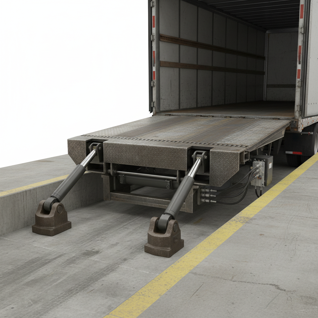 Hydraulic dock leveler bridging gap between loading dock and trailer bed