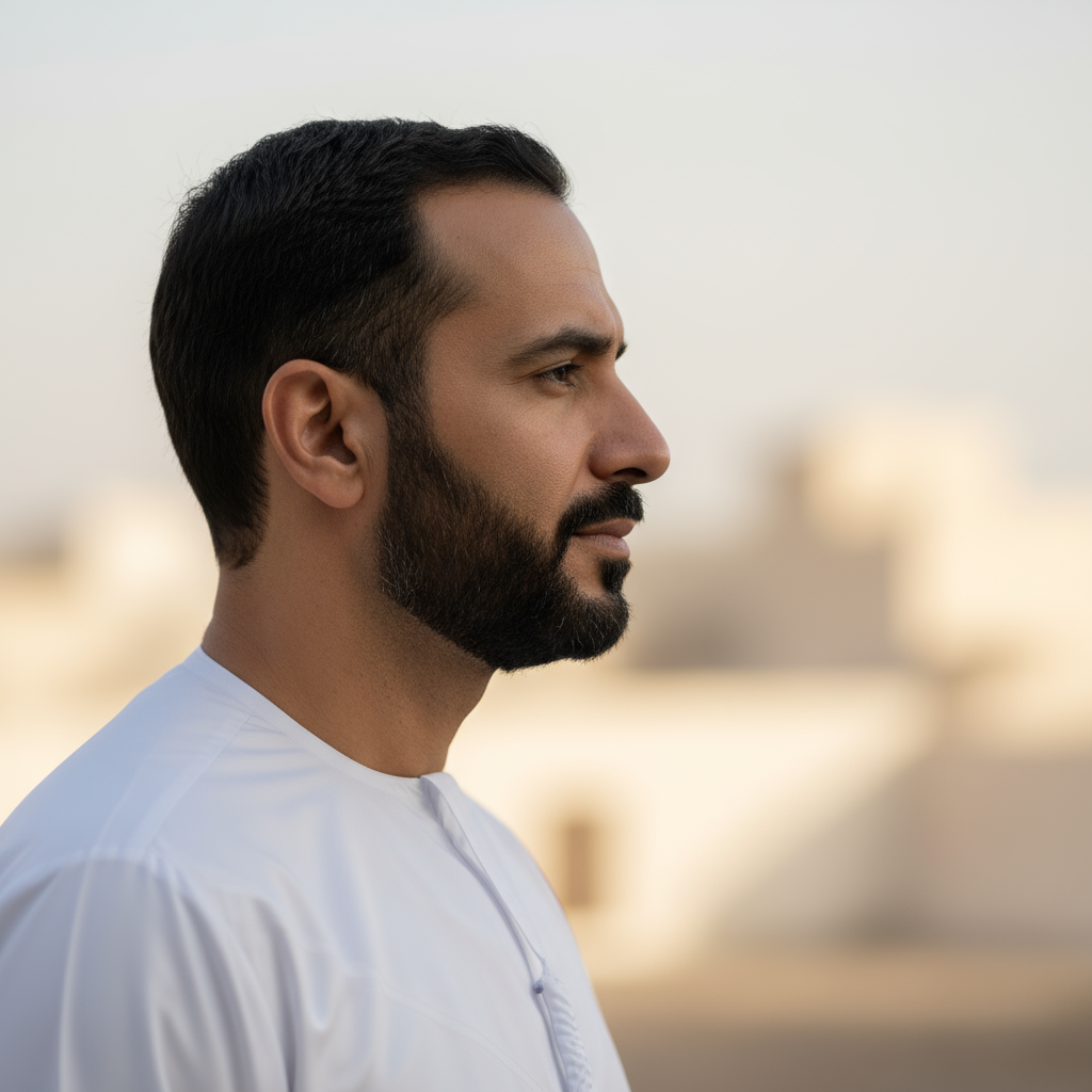 Middle-aged Arab man with short black hair wearing white traditional dress smiling confidently