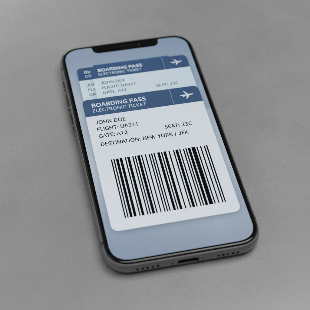 Airline boarding pass with barcode, seat assignment, and flight details printed