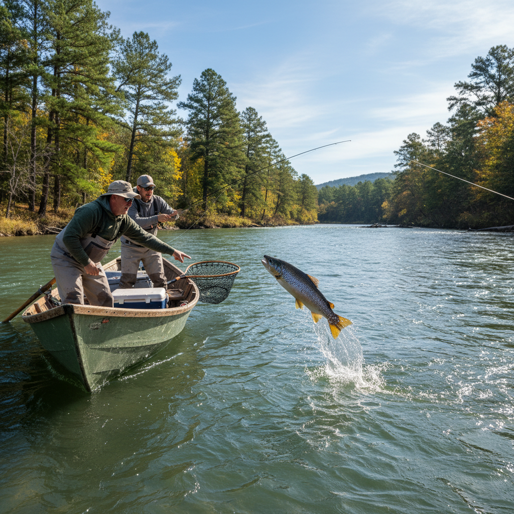 Drift boat fishing on the Little Red River with guide and client catching trout