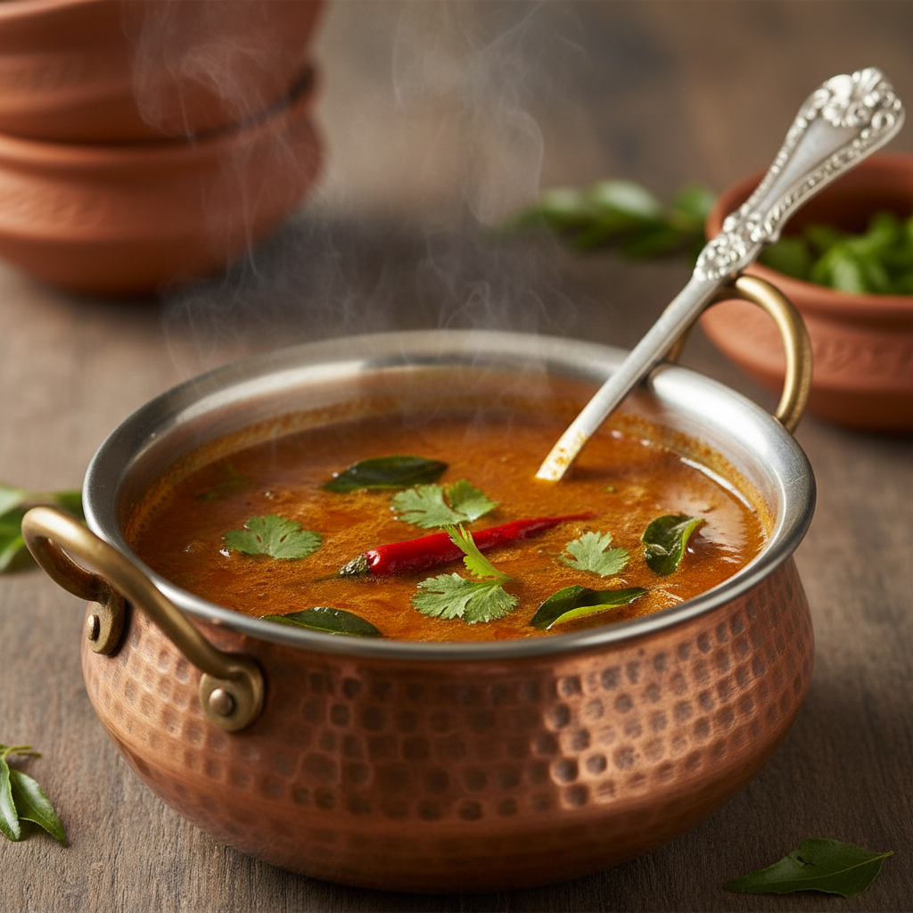 Tamarind rasam in a copper pot with a ladle resting on the rim