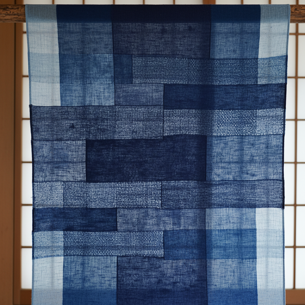 Wide-format handwoven textile in Japanese indigo dye showing complex weave structure with multiple blues ranging from near-black to pale sky