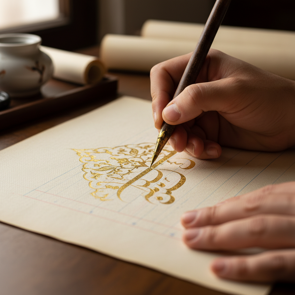 Calligrapher demonstrating traditional Persian script with reed pen on handmade paper