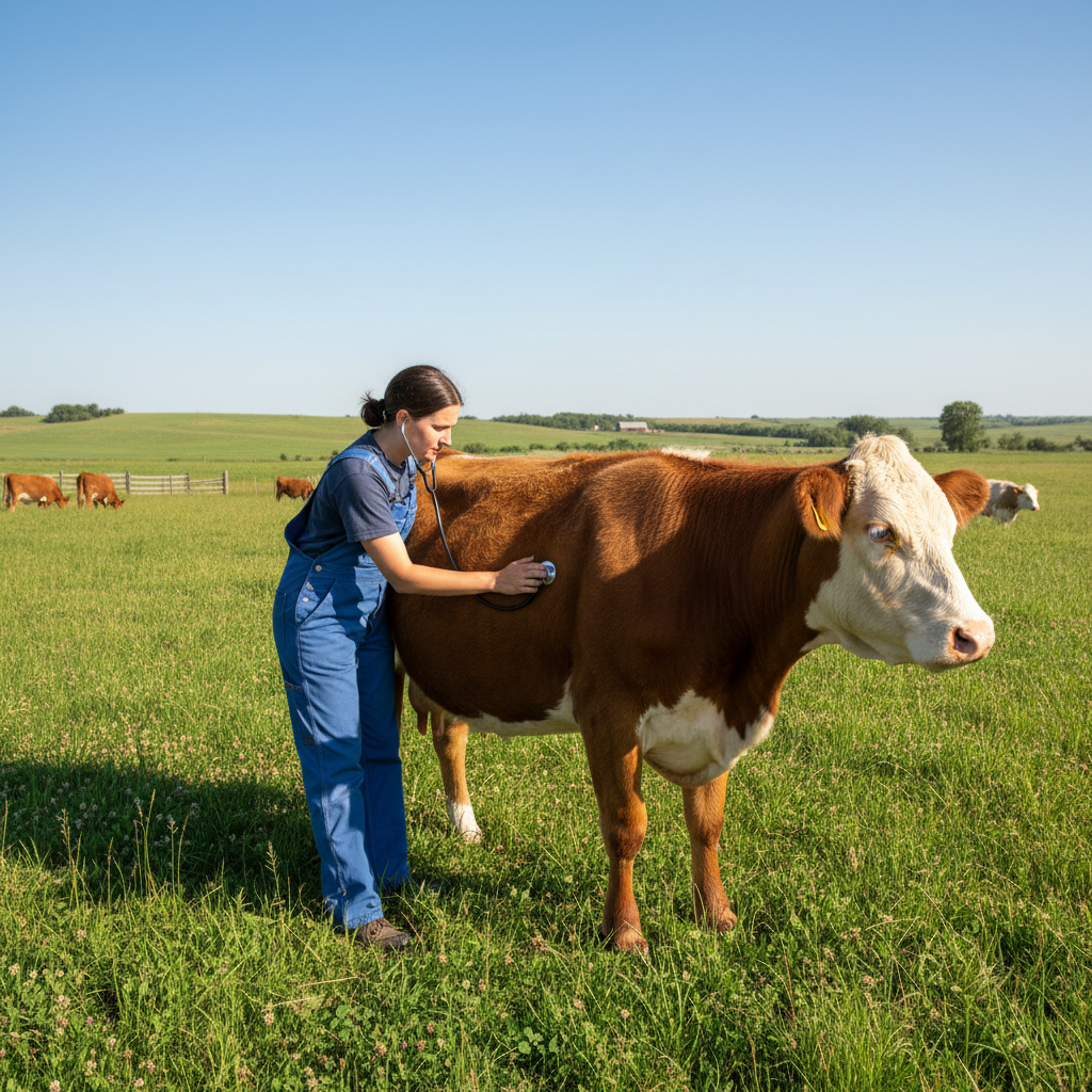 Veterinarian performing a health check on cattle in a Nebraska farm setting, open pasture, agricultural professional environment, natural lighting