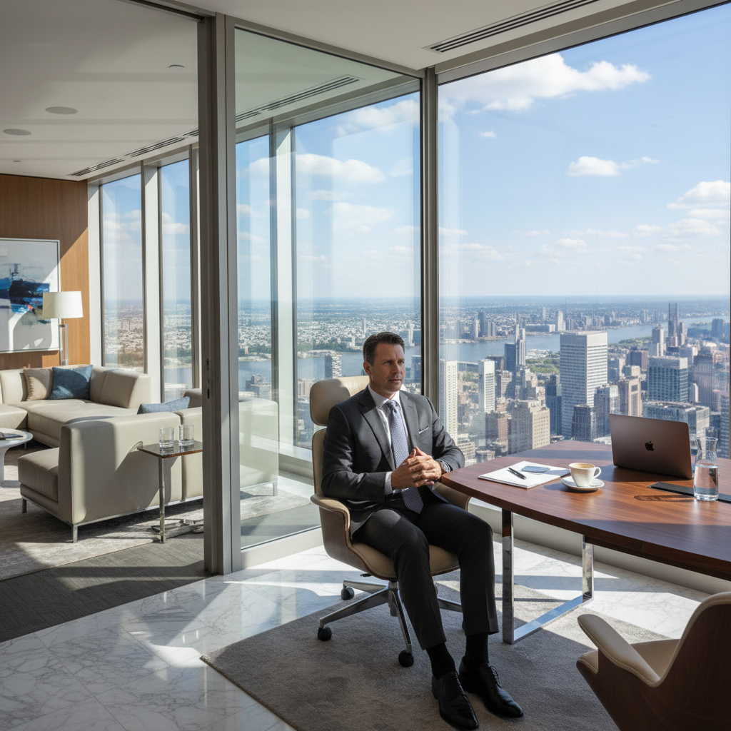 Male wealth advisor in a corner suite with city view and client seating area