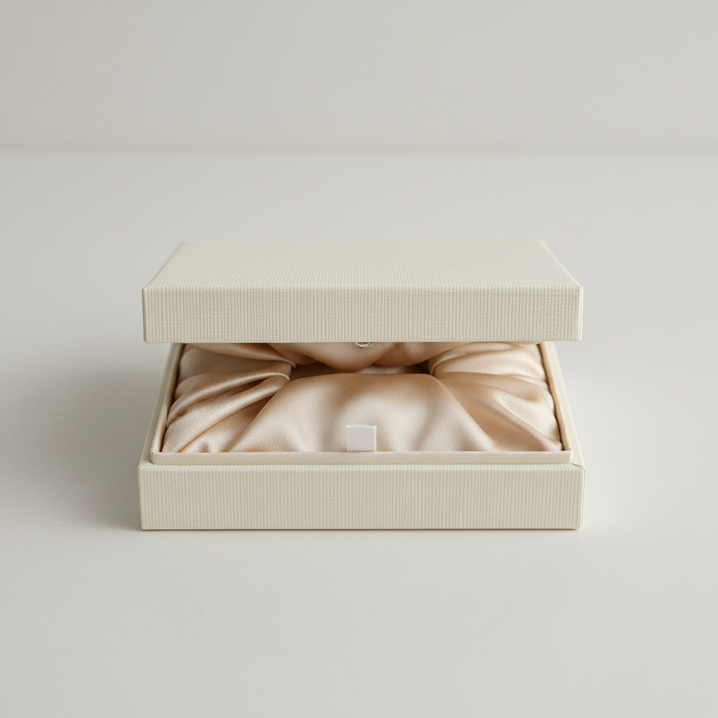 Finished gold necklace in premium black jewelry box, dim atmospheric lighting, dark background with soft product spotlight, elegant packaging