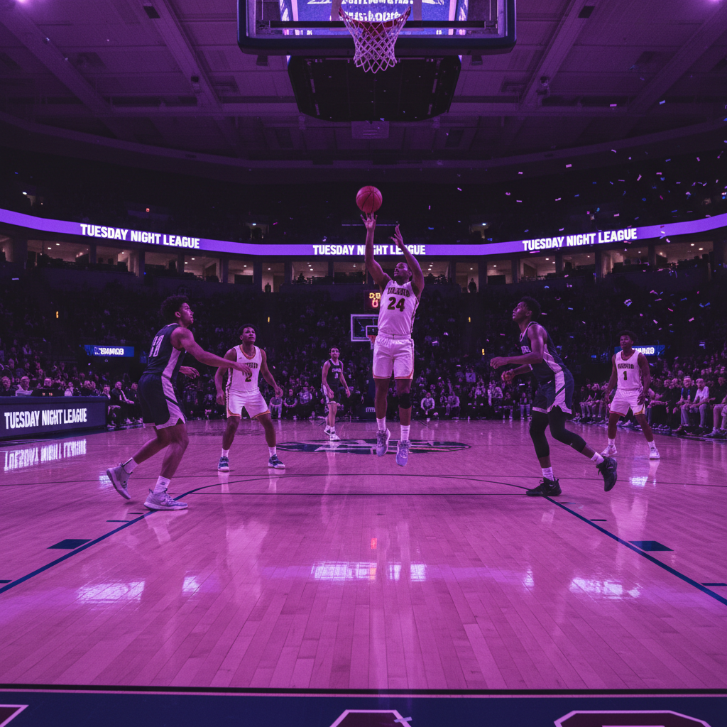 Gymnasium floor level view with players under violet accent lighting during Tuesday night basketball league