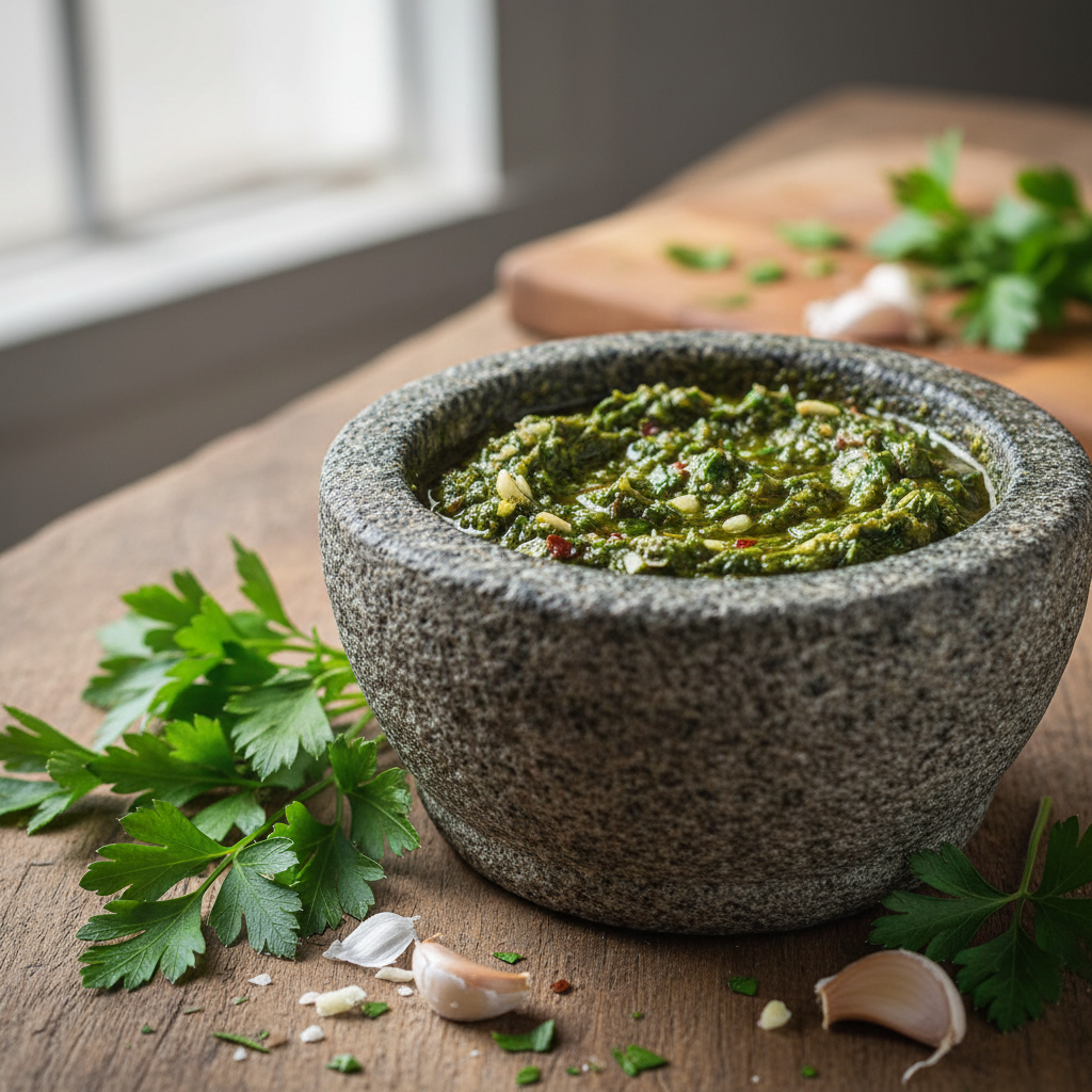 Chimichurri sauce in a rustic mortar with fresh parsley and garlic