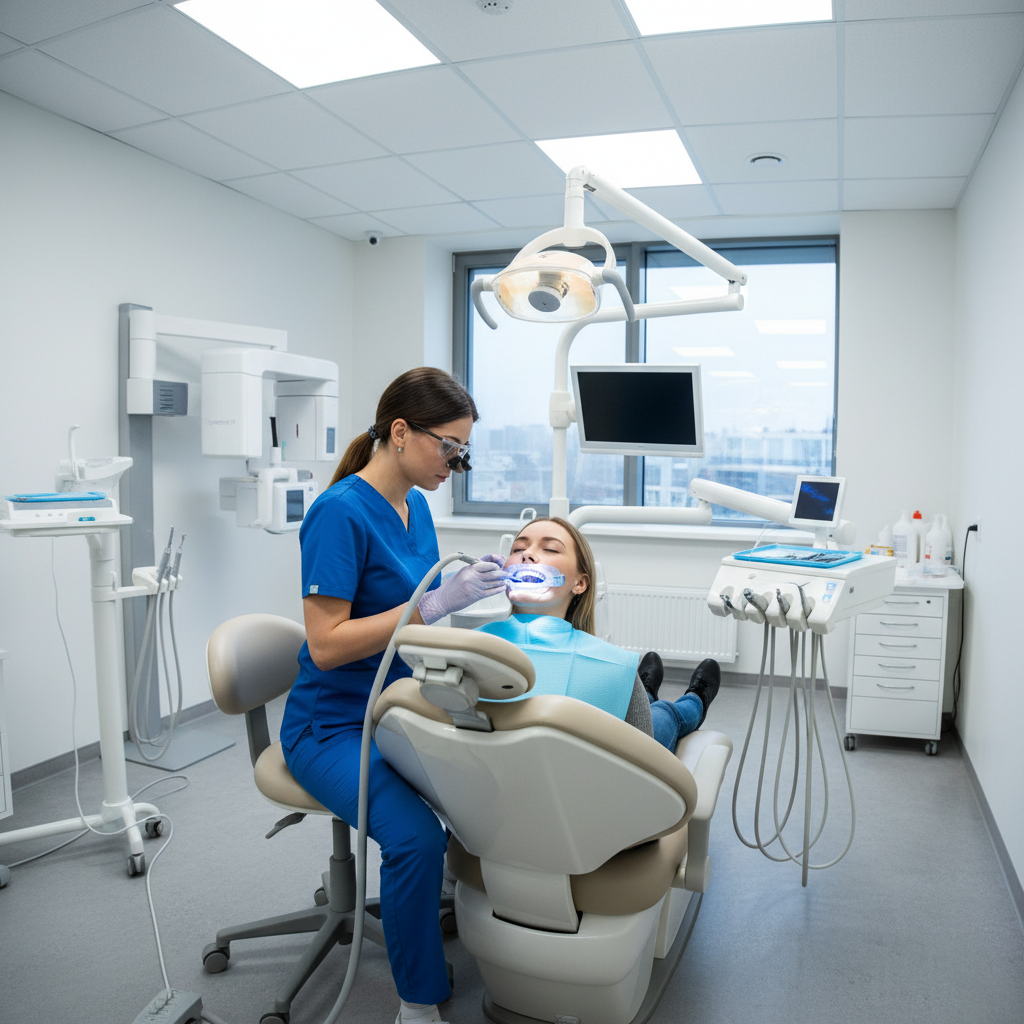 Professional dentist in white coat working with advanced dental equipment in a modern clinic