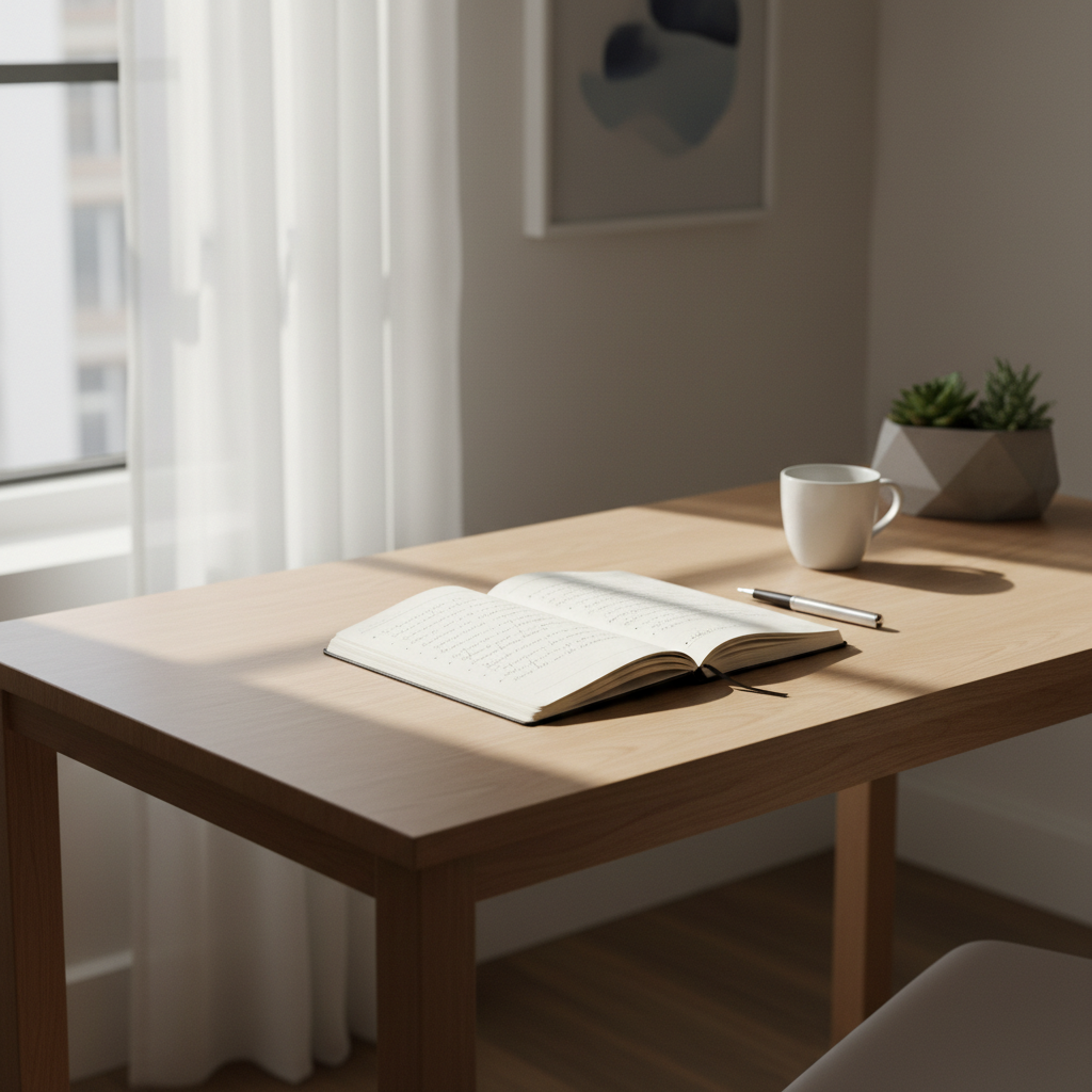 Minimalist desk setup with open journal, pen resting on page, soft diffused natural light, calm creative workspace