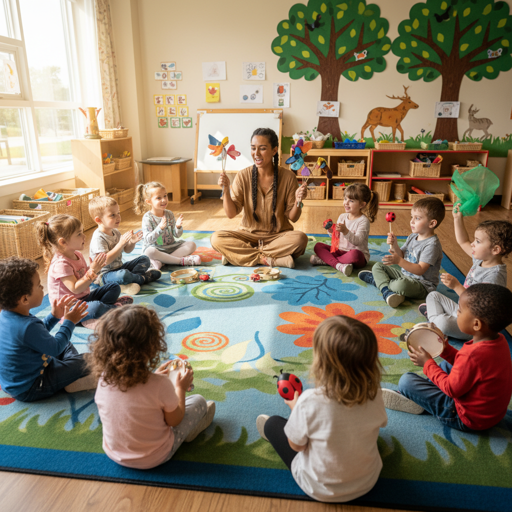 Group of diverse preschool children sitting in circle on colorful classroom floor engaged in learning activity with teacher