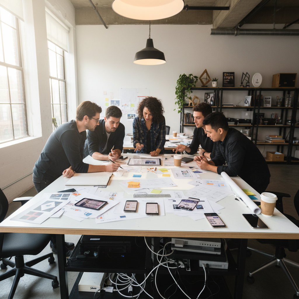 StudioInk team working at a drafting table surrounded by wireframe printouts and mobile prototypes