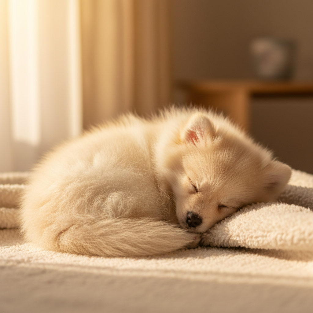 Biscuit a cream Pomeranian asleep curled in a ball on a warm blanket in a sunlit home