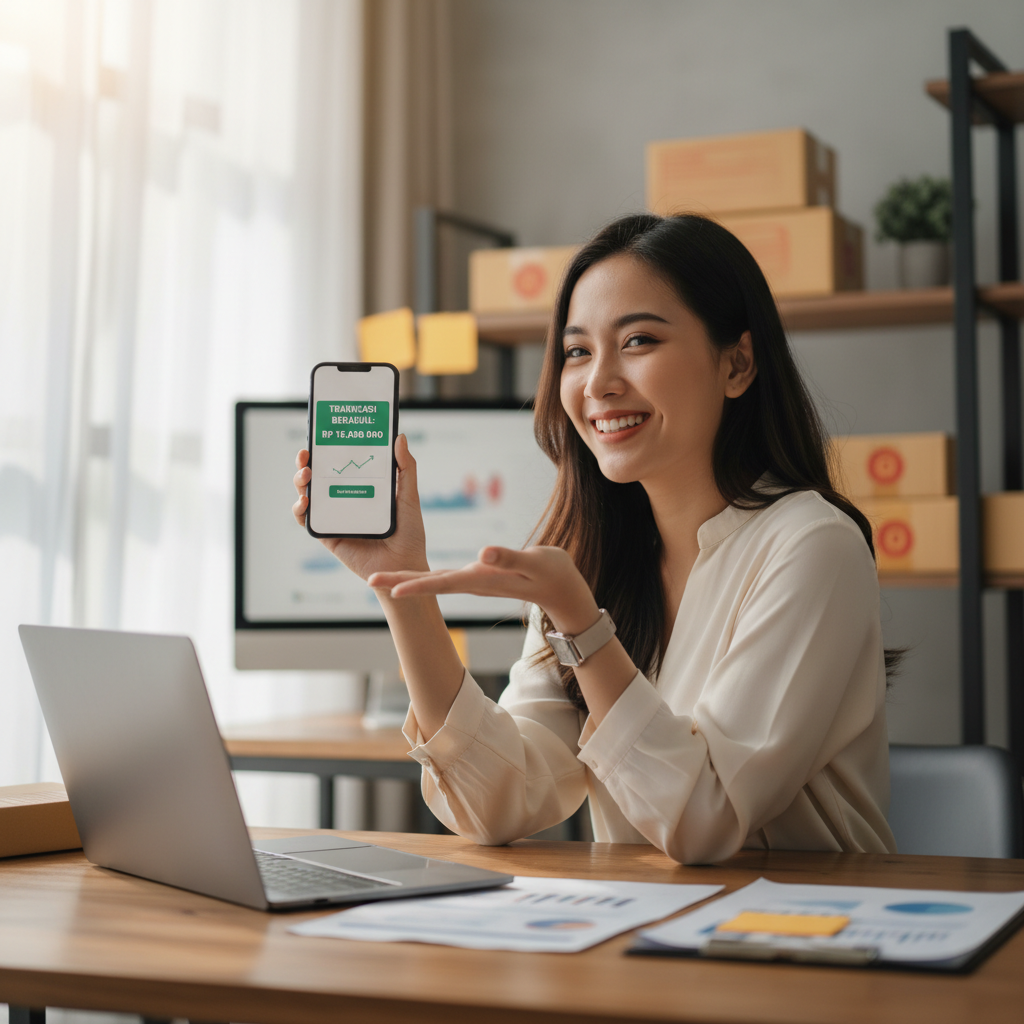 Campaign manager Sarah Johnson discussing TextPolitical SMS platform success in professional office setting with campaign materials