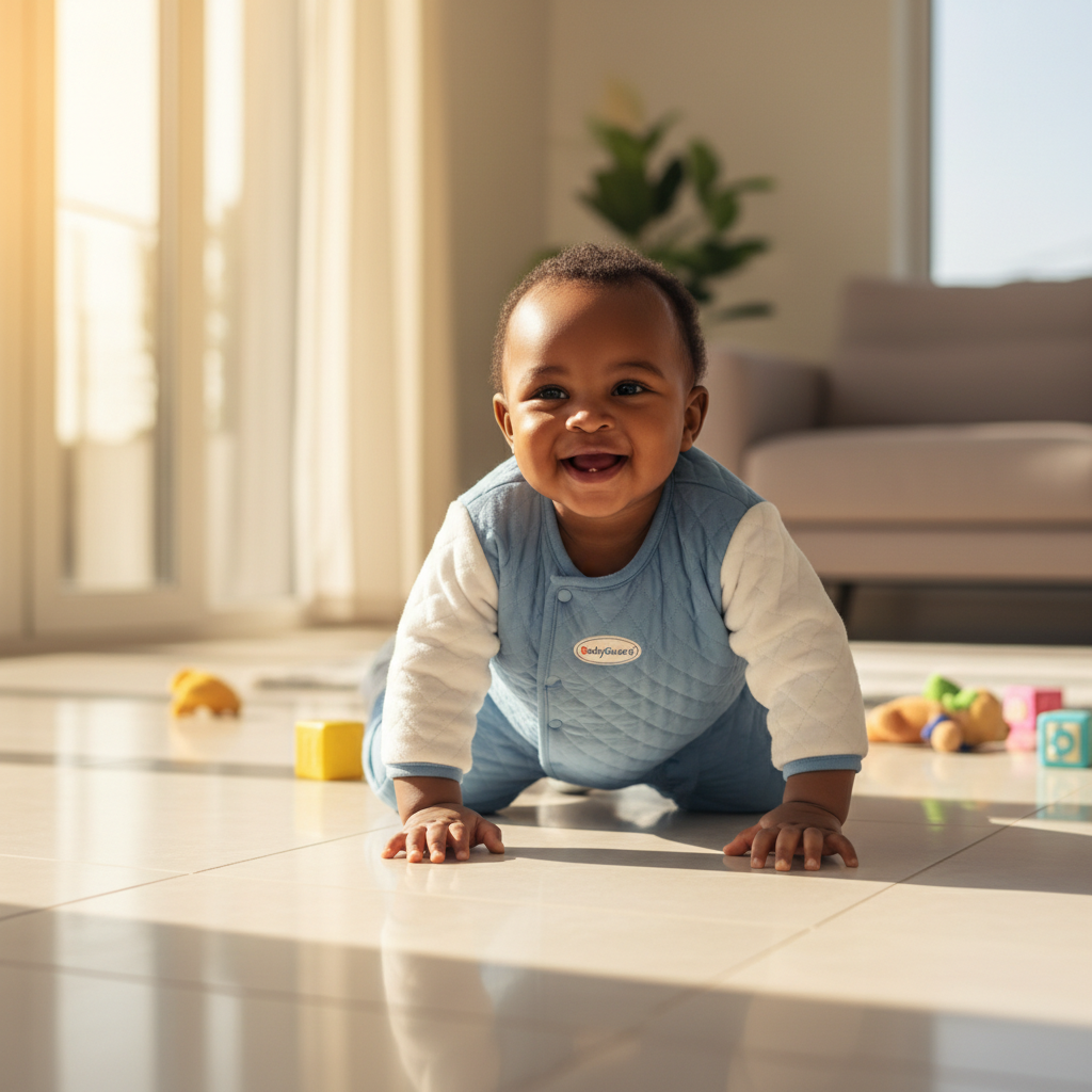 Happy Nigerian baby wearing BabyGuard crawling safely on tile floor, smiling