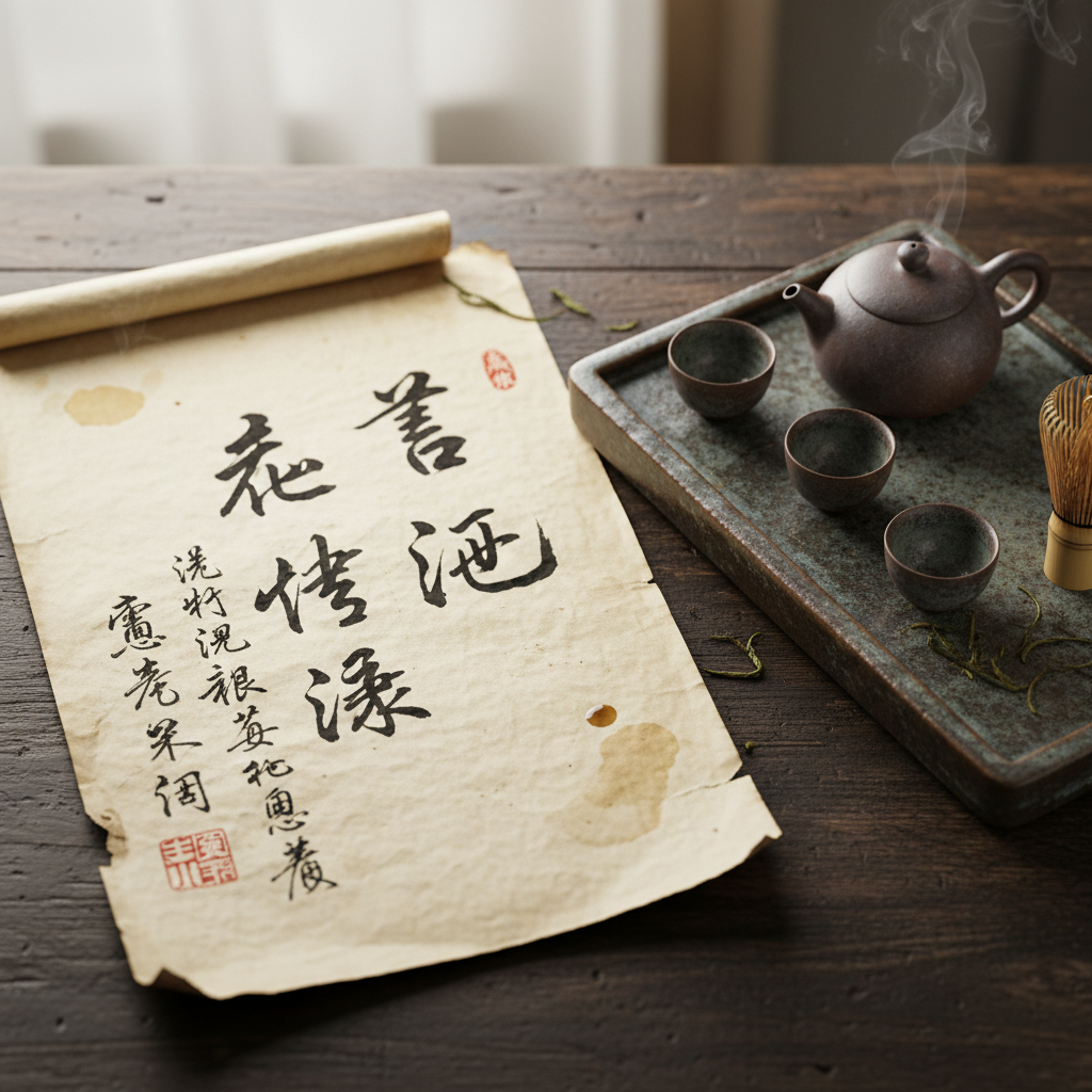 Handwritten Chinese ink brewing notes on aged paper beside a ceramic tea tray