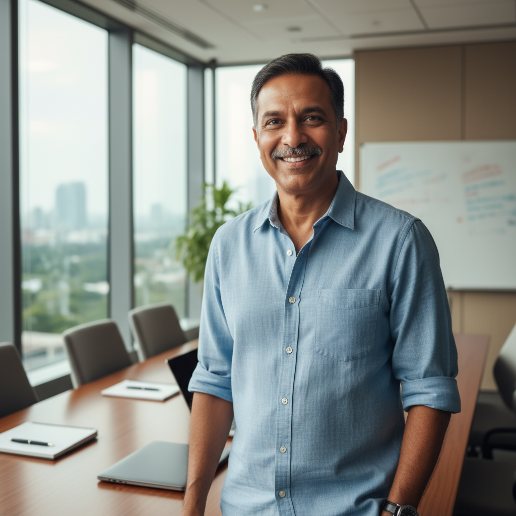 Middle-aged Indian man with confident smile, casual attire