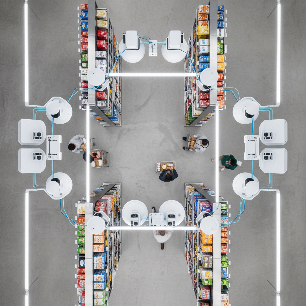 Overhead view of a modern checkout-free convenience store aisle with sensor arrays mounted to ceiling