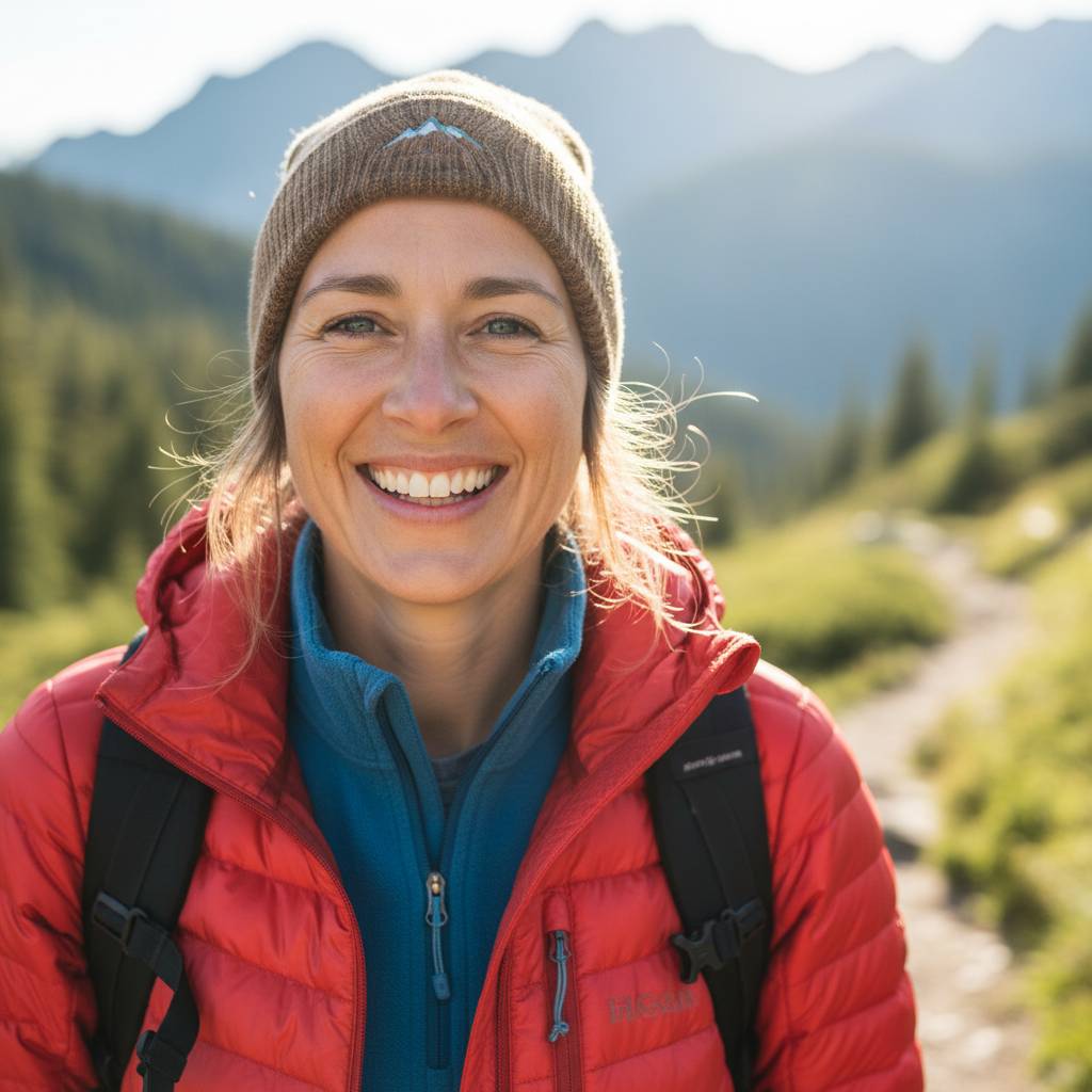 Woman with dark hair in outdoor gear smiling at camera