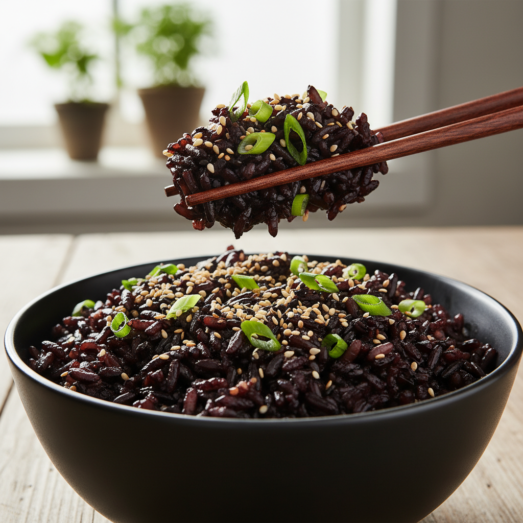 Forbidden black rice bowl with sesame seeds and scallions, mid-bite with chopsticks