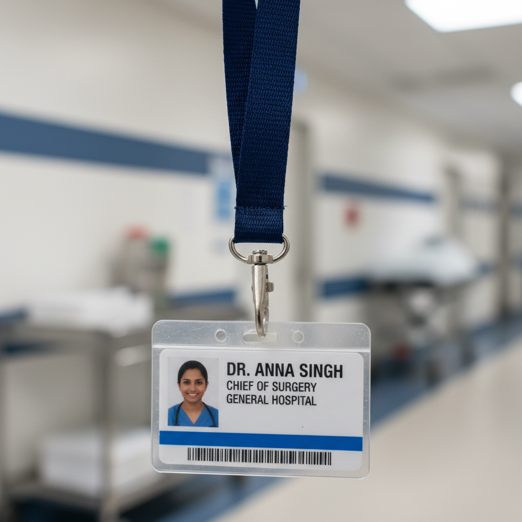 Hospital ID badge clipped to lanyard, blurred clinical corridor in background