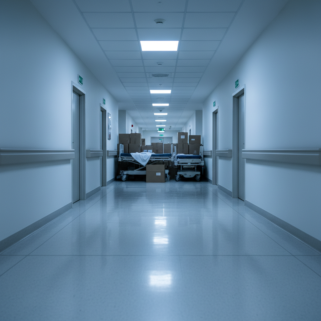 Empty hospital corridor at night, fluorescent lights casting long shadows, a single gurney in the distance
