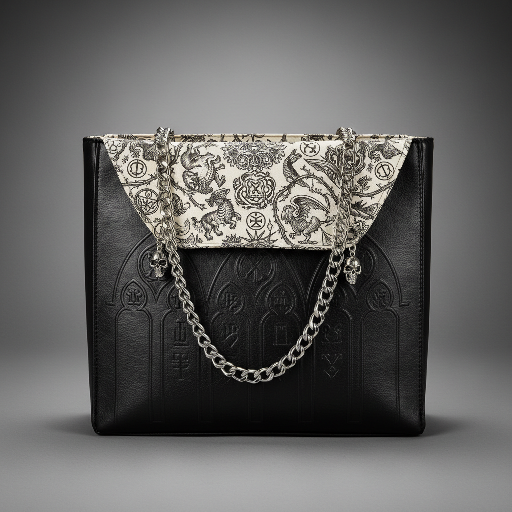 The Grimoire Bag — large gothic tote with medieval woodcut lining and silver chain handles