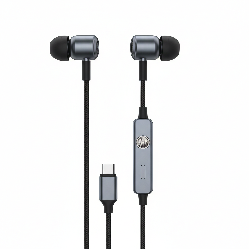 Black wired in-ear earphones with flat cable on white background