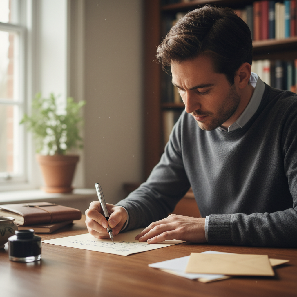 Person writing response letter at desk