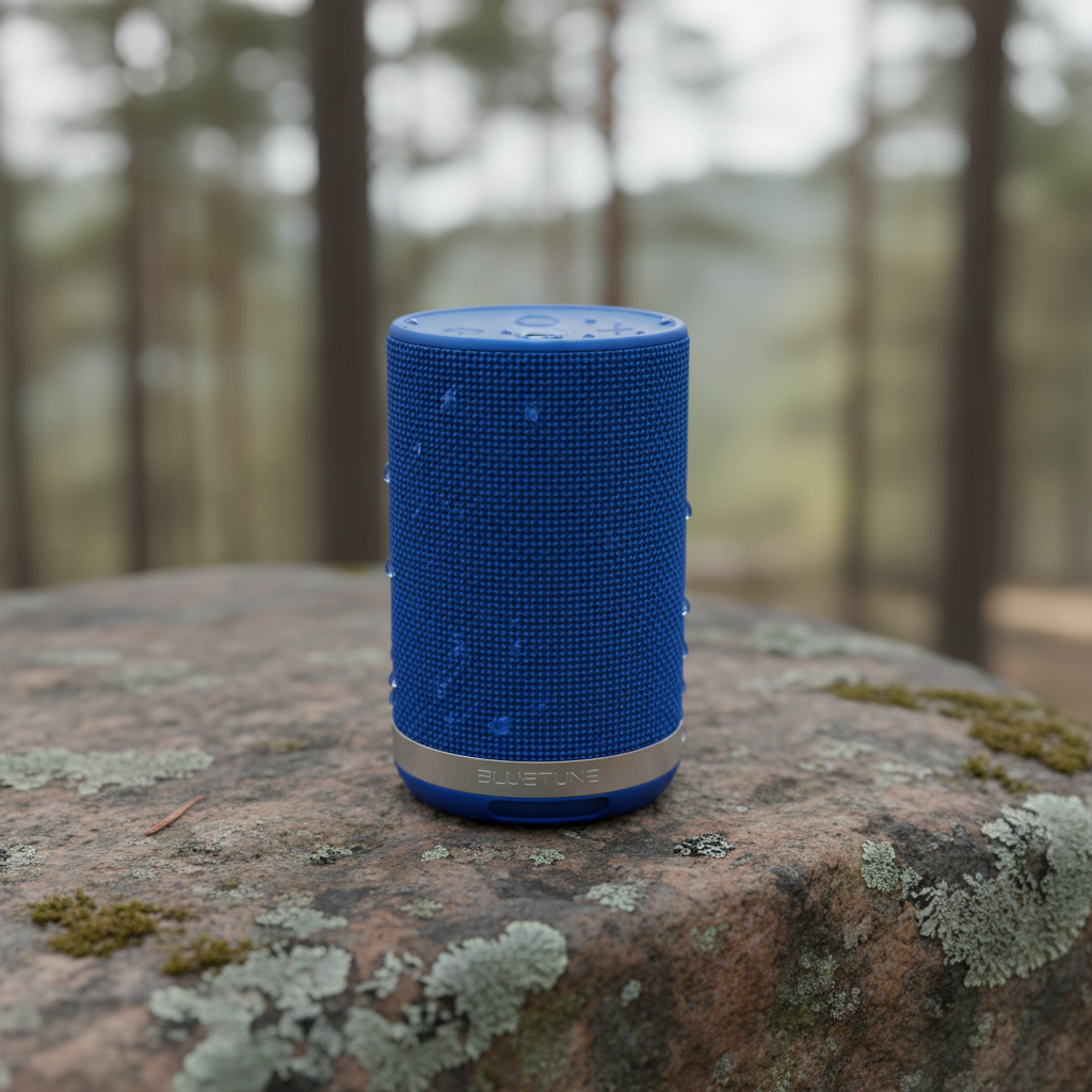 Altavoz Bluetooth cilíndrico compacto sobre fondo naranja brillante