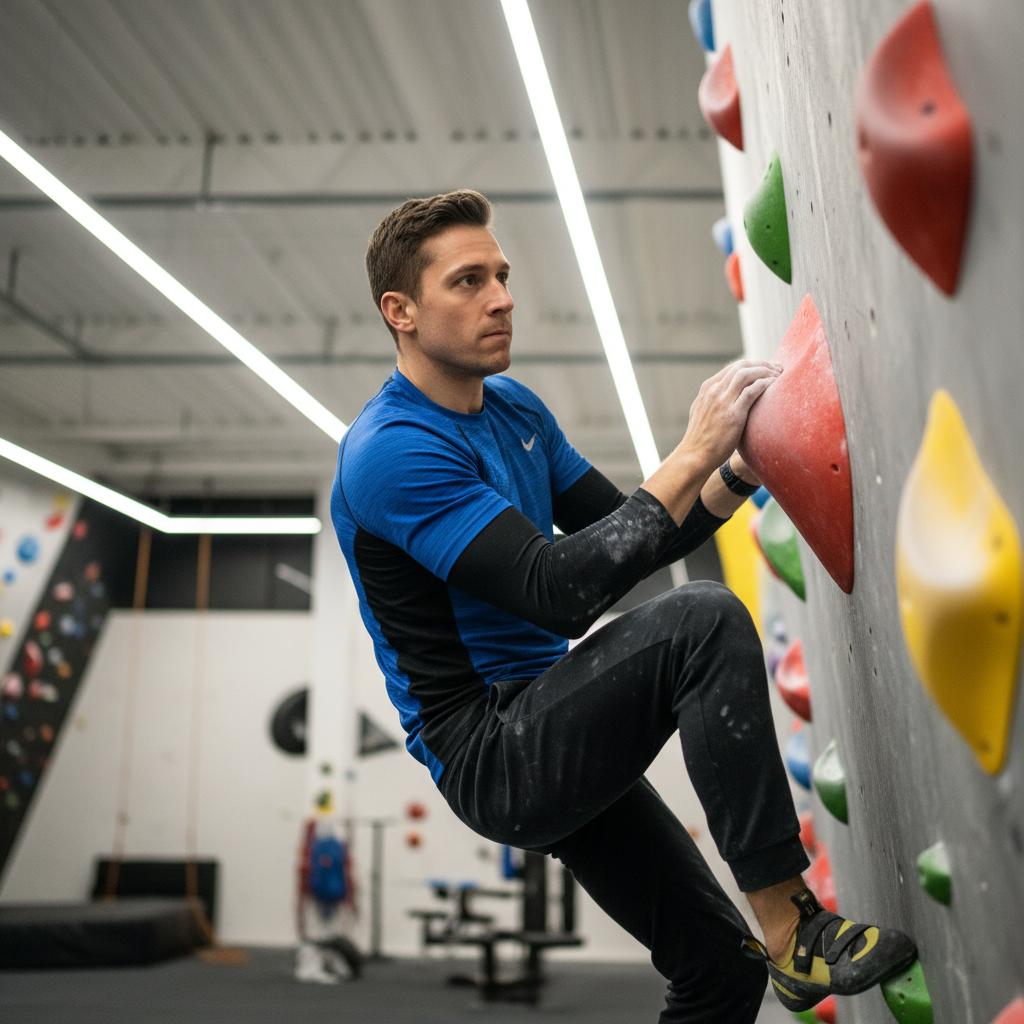 Darius Webb, competition track coach, focused expression at climbing wall