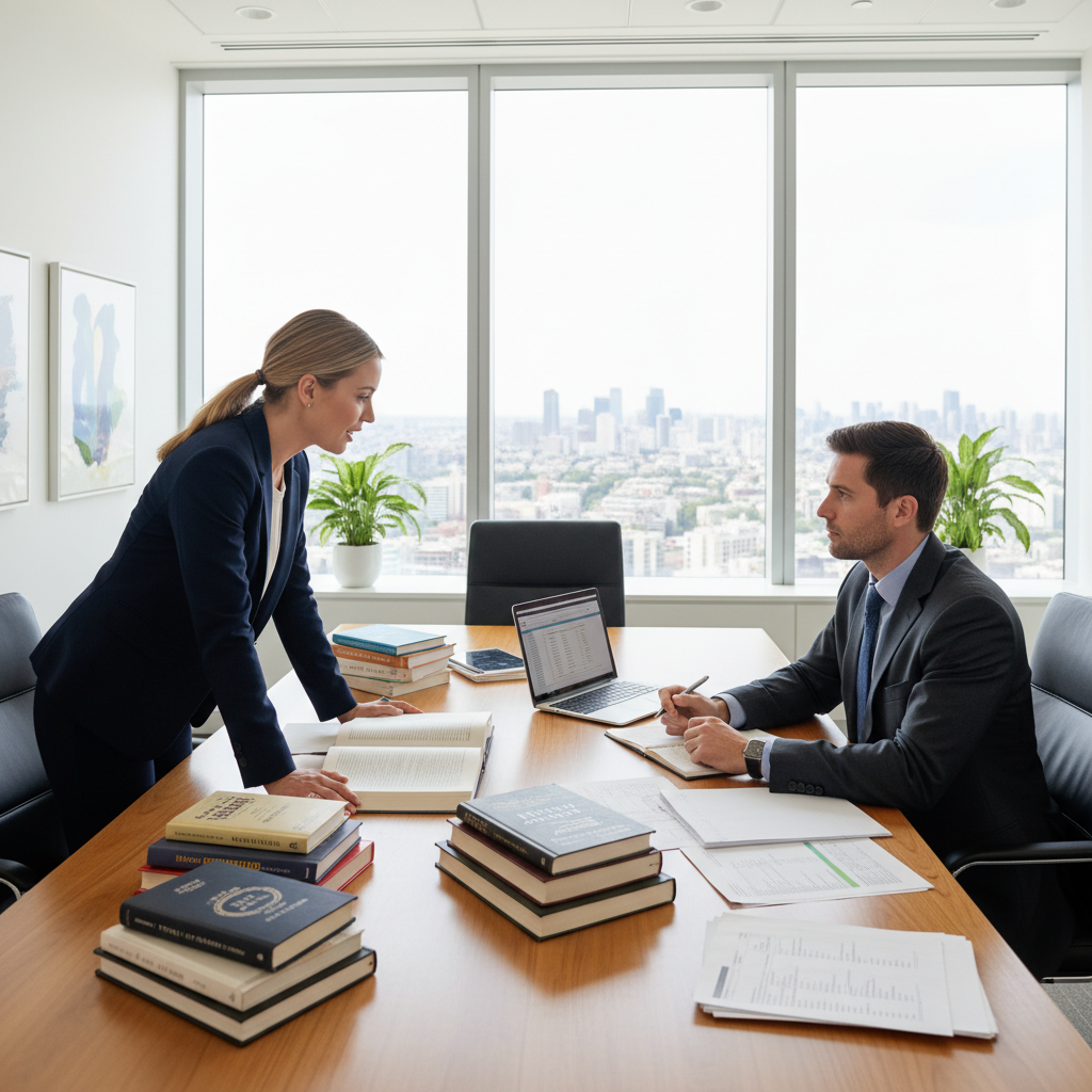 Two people in a professional book consultation meeting