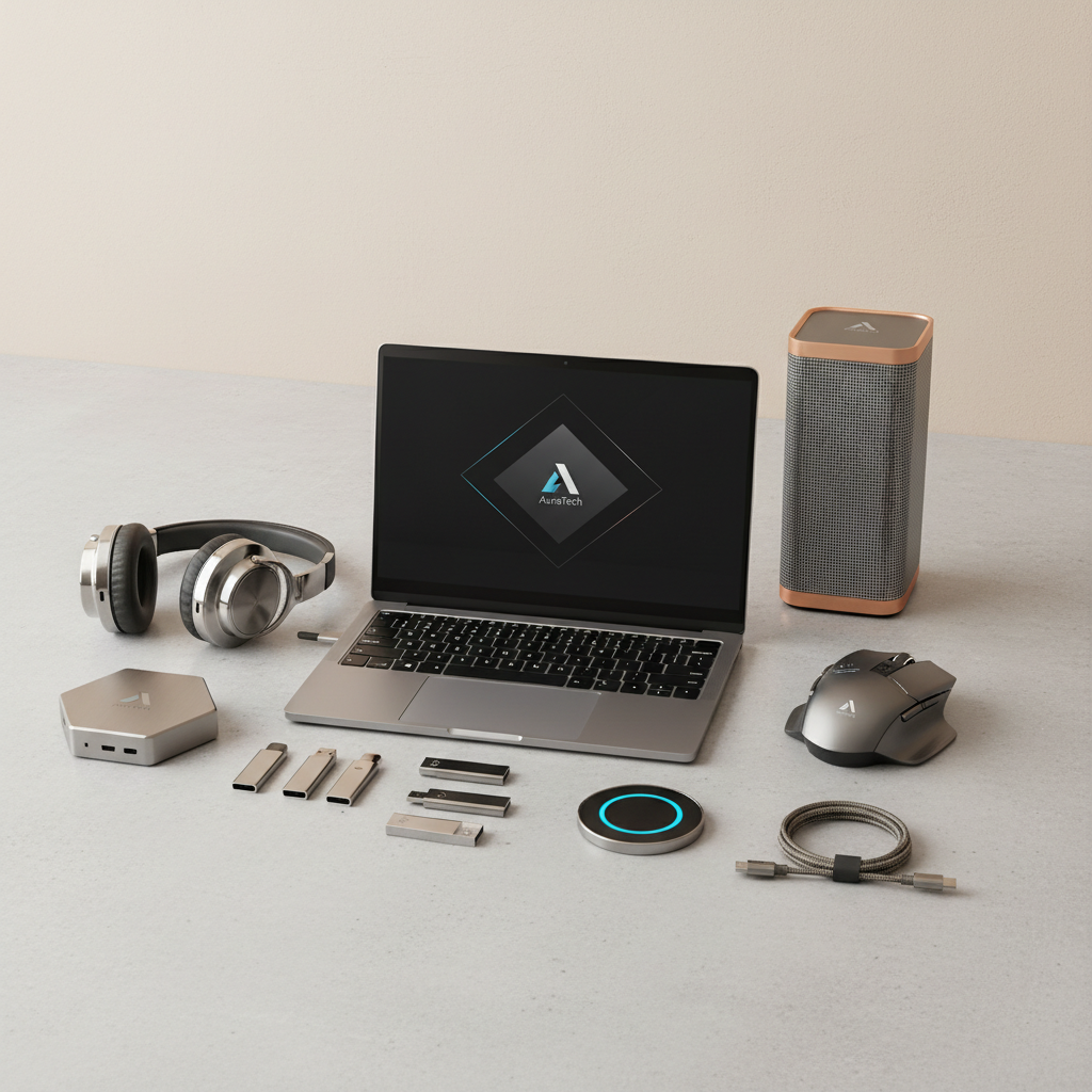 Collection of premium tech accessories and gadgets on dark surface