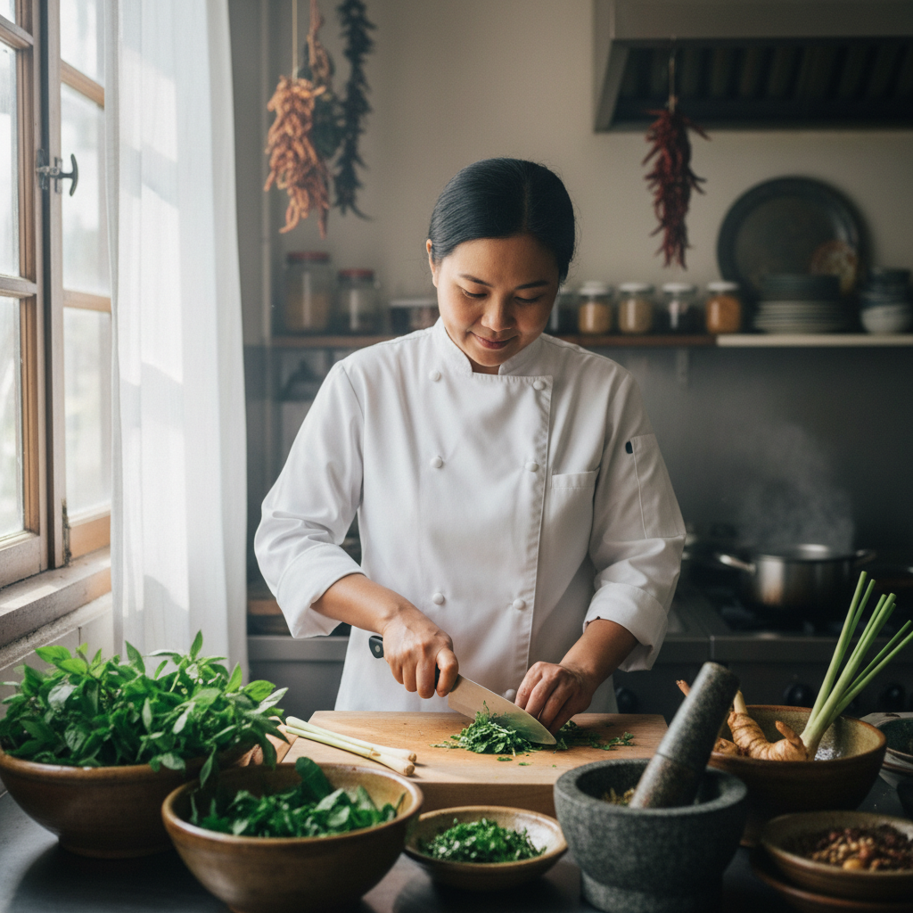 Chef Nong in her kitchen, wearing a white chef's coat, surrounded by fresh Thai herbs and mortar and pestles