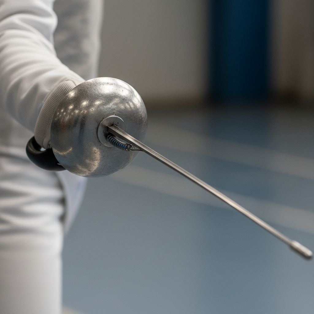 Foil fencer in en garde position, close-up of weapon hand and blade