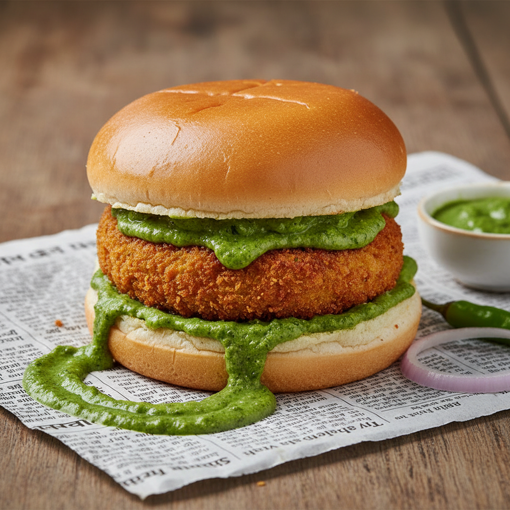 Vada pav street food with green chutney on newspaper, authentic Mumbai street scene