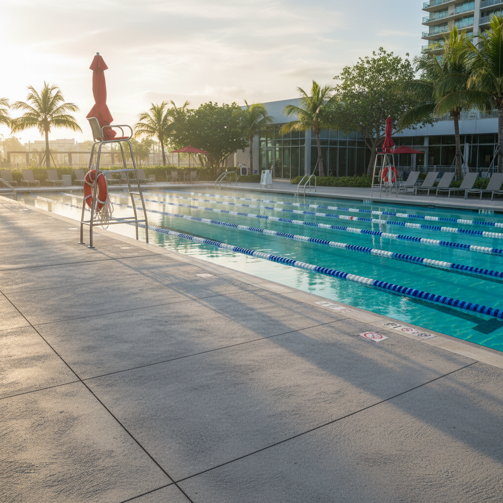 Pool deck with clear lane markers and safety equipment visible in morning light