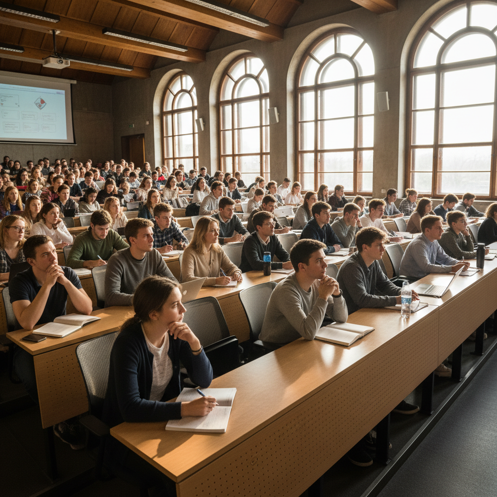 University lecture hall filled with students during class with large projector screen