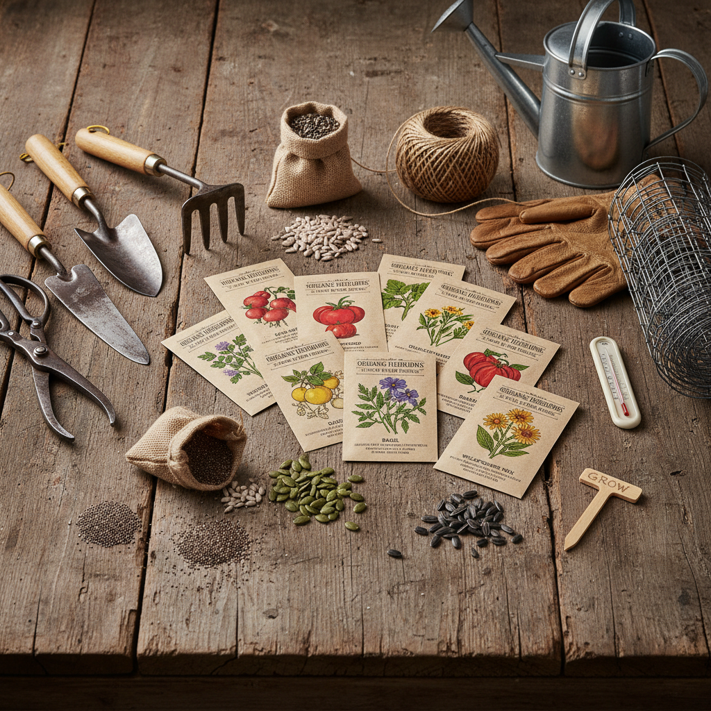 Seasonal seed collection and garden tools arranged on rustic wooden table in warm light