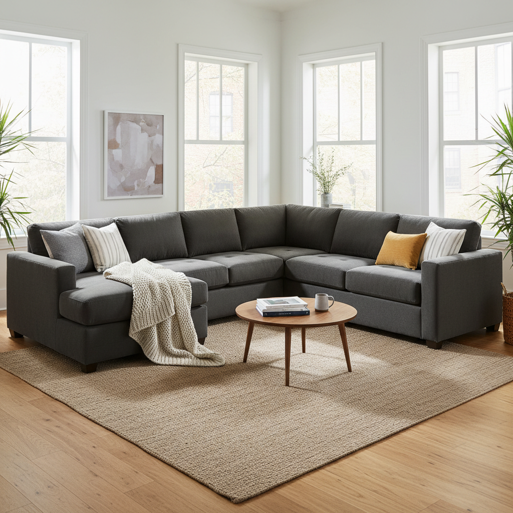 Large L-shaped sectional sofa in a modern living room, clean and refreshed after professional upholstery cleaning