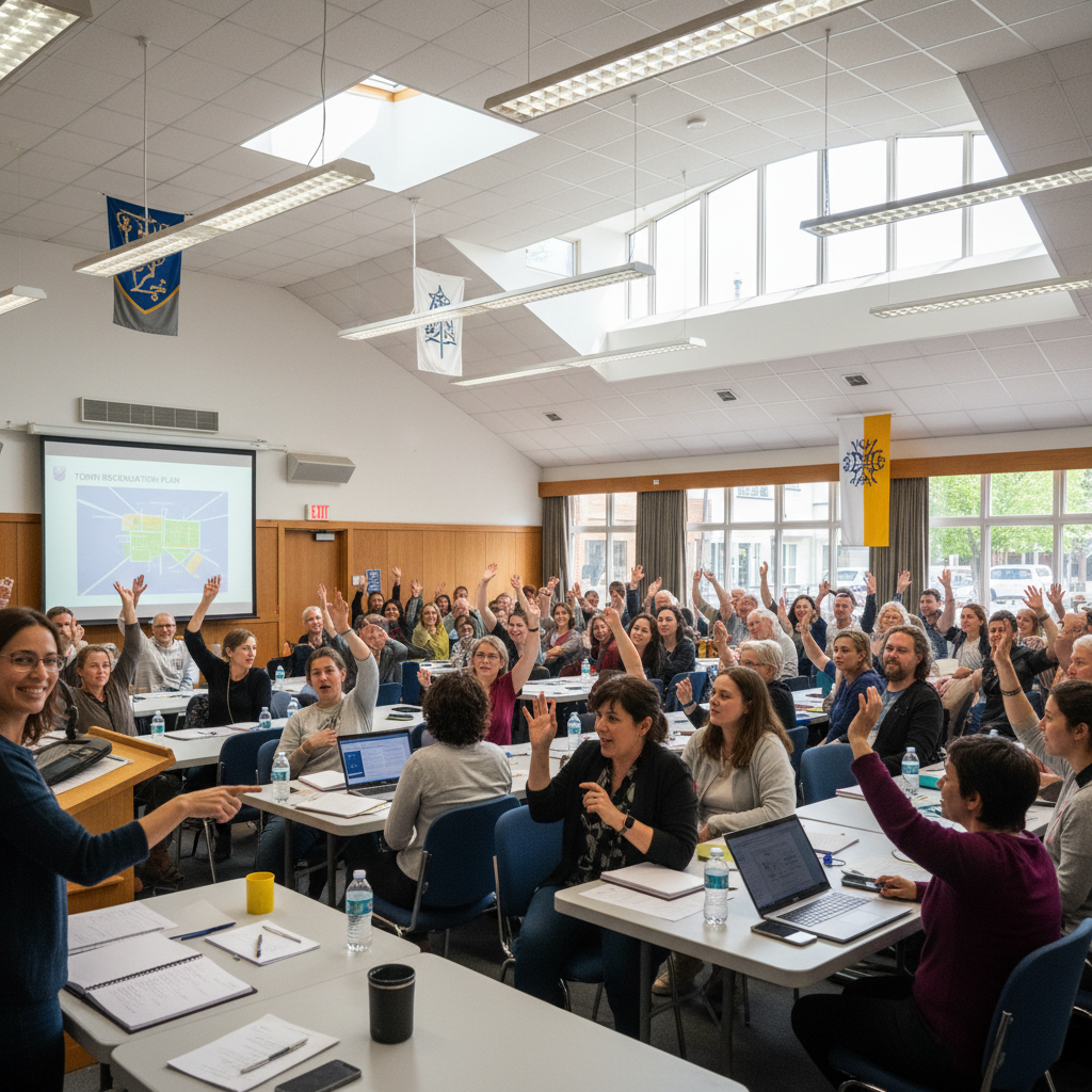 Civic engagement meeting with community members and local officials seated around a conference table in a government building, productive discussion atmosphere