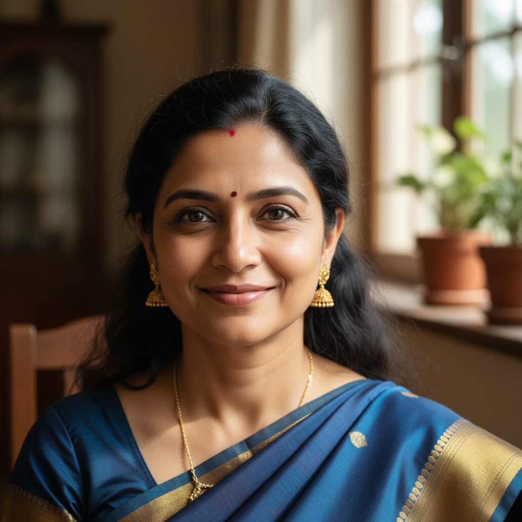South Indian woman smiling warmly, natural background, authentic portrait