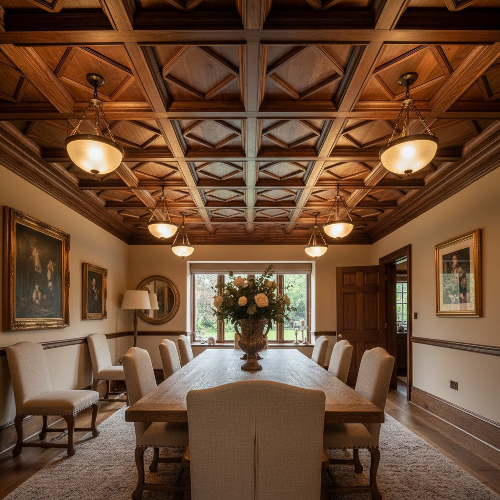 Beautifully finished coffered ceiling dining room with dark wood beams and ambient pendant lighting