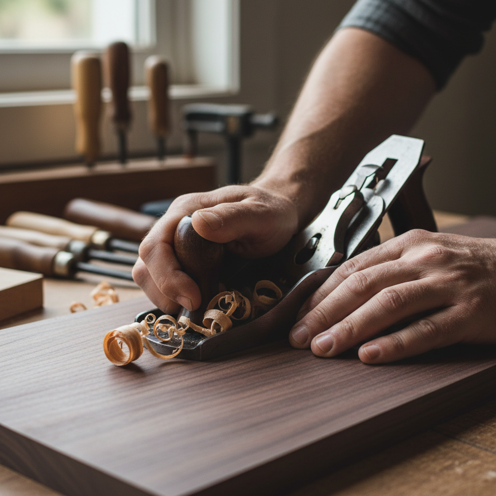 Woodworker's hands planing a walnut board, fresh shavings curling from the blade